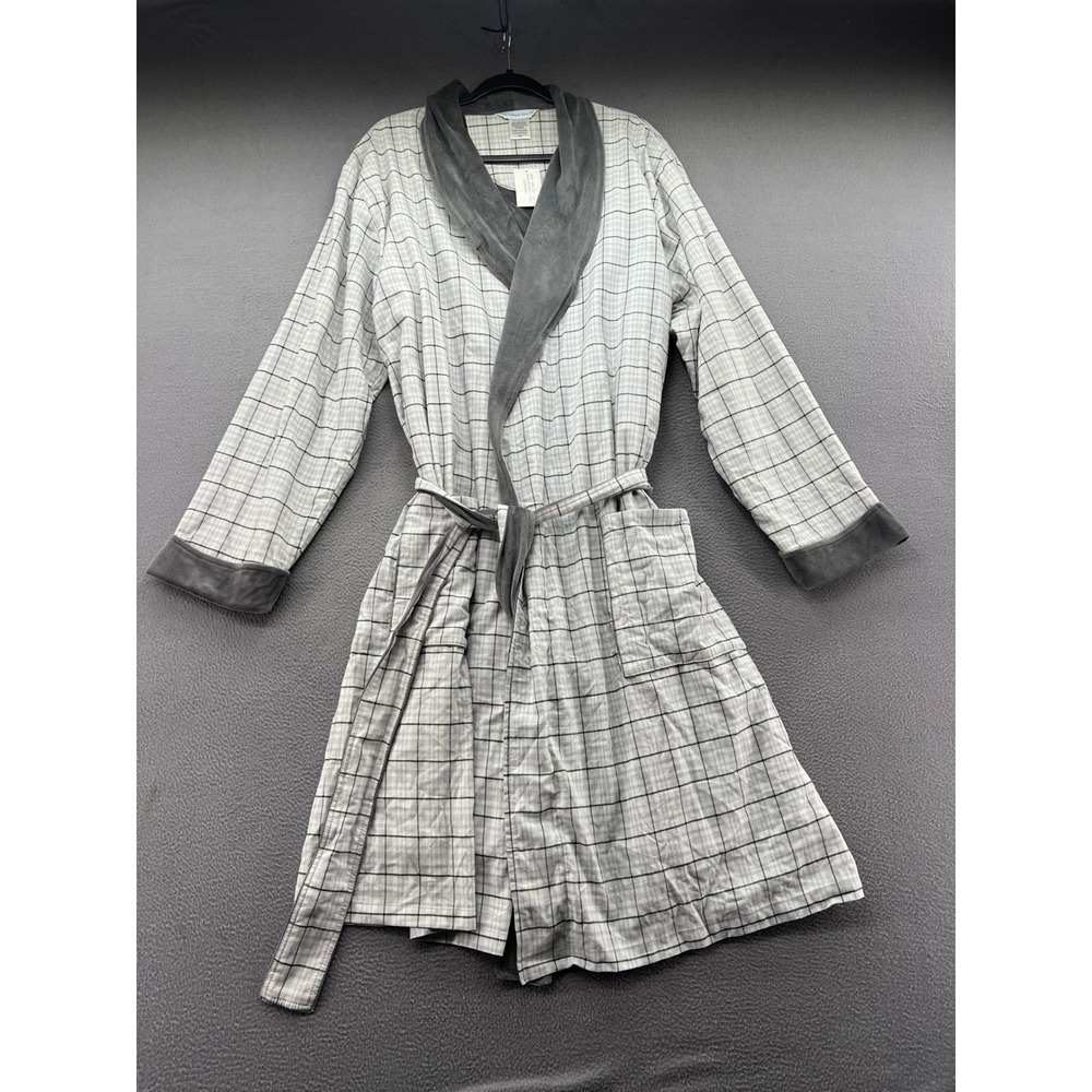 The Company Store Plaid Robe Blue White Cotton Plush Lined Shawl Collar S/M NWT